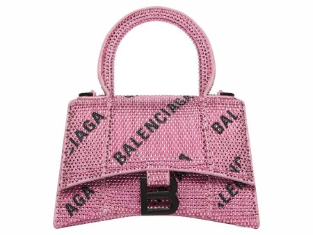 Balenciaga Hourglass Xs Handbag With Chain And Allover Logo Rhinestones Pink Black Hot on Sale