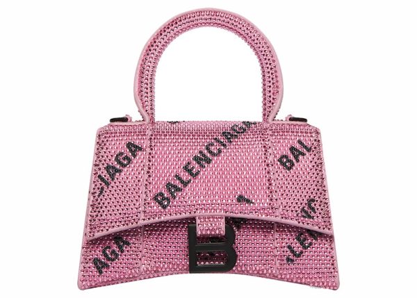 Balenciaga Hourglass Xs Handbag With Chain And Allover Logo Rhinestones Pink Black Hot on Sale